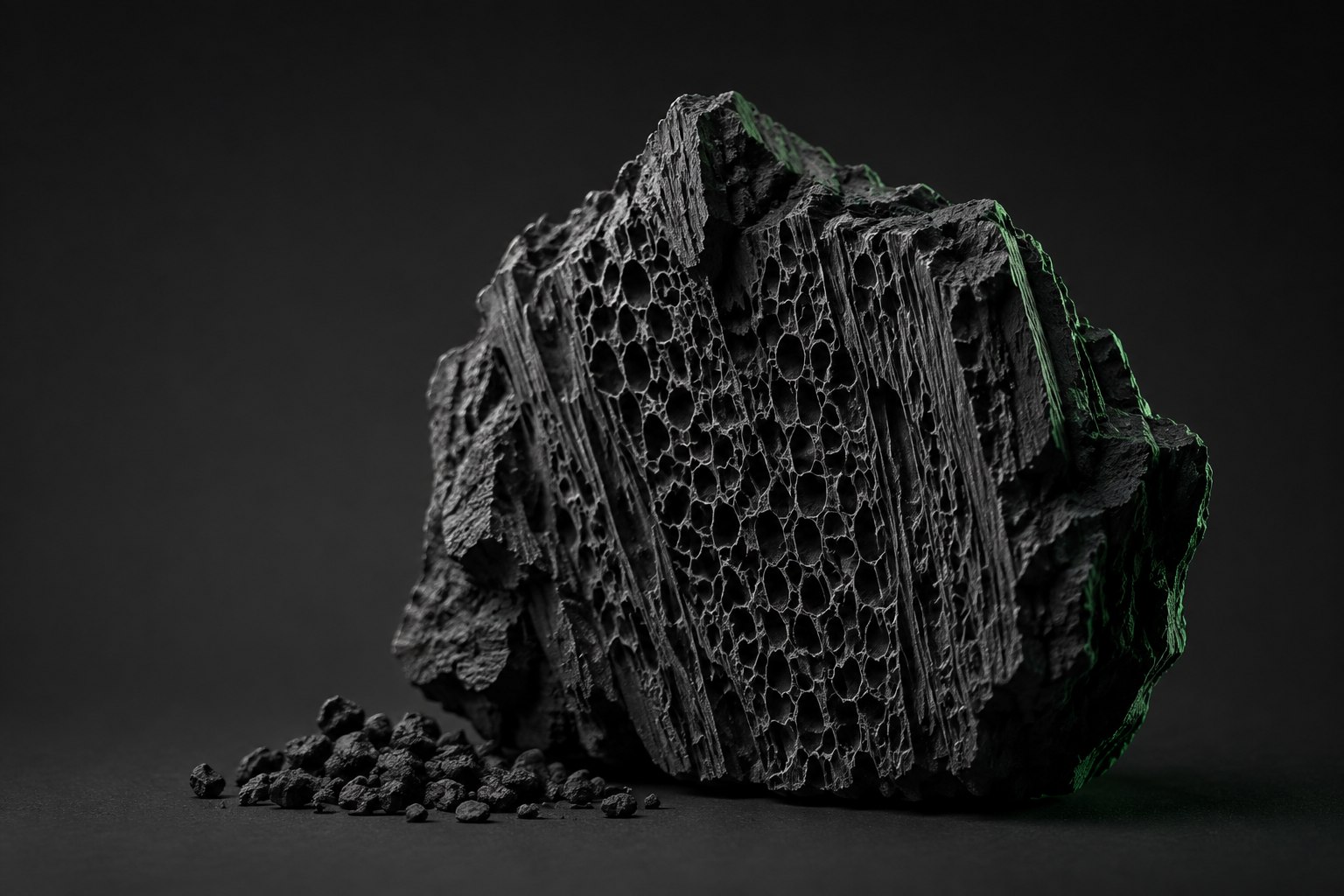 Conceptual illustration of a porous biomass-derived carbon fragment